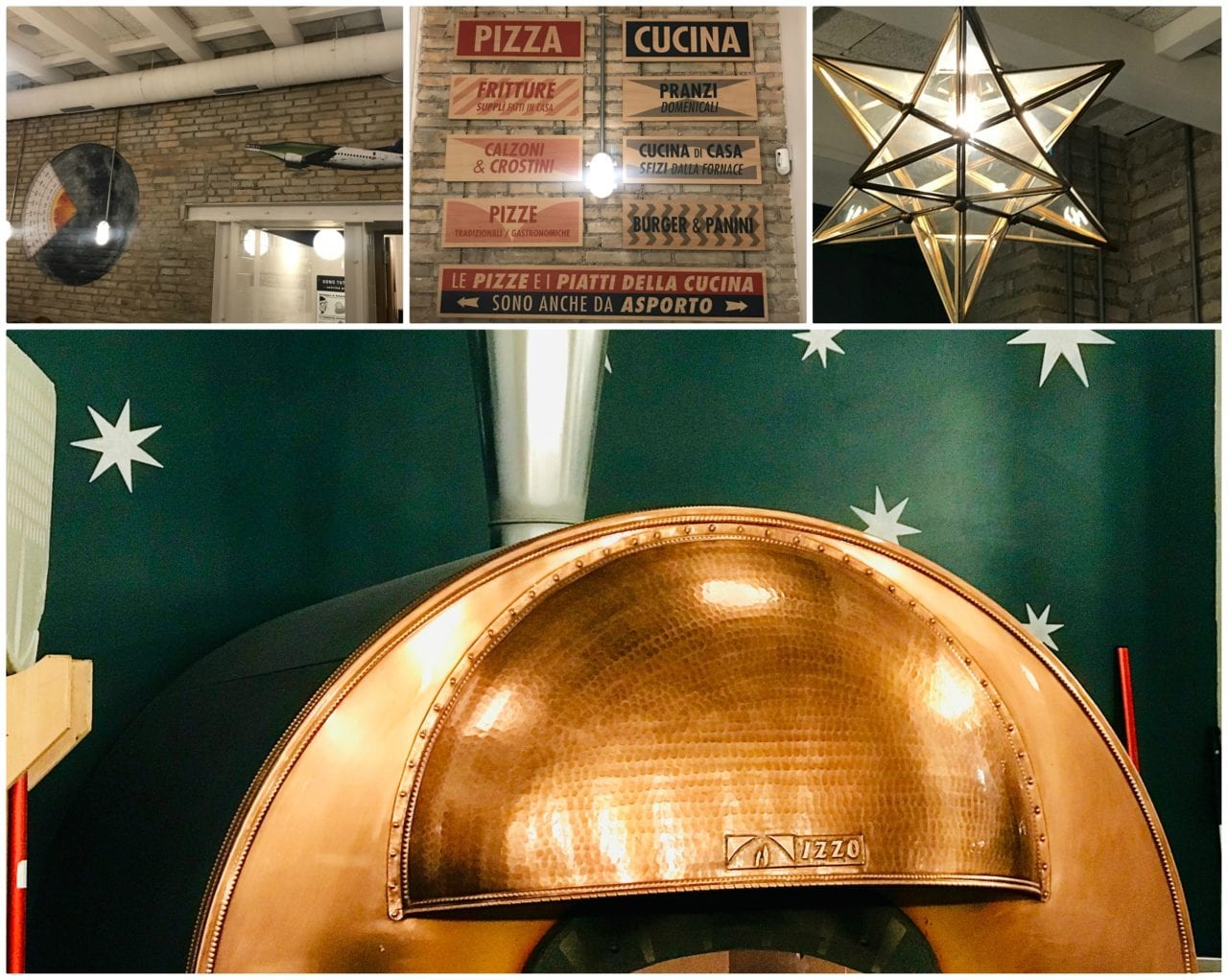 Il forno di rame e marmo e il lampadario a stella della prima sala